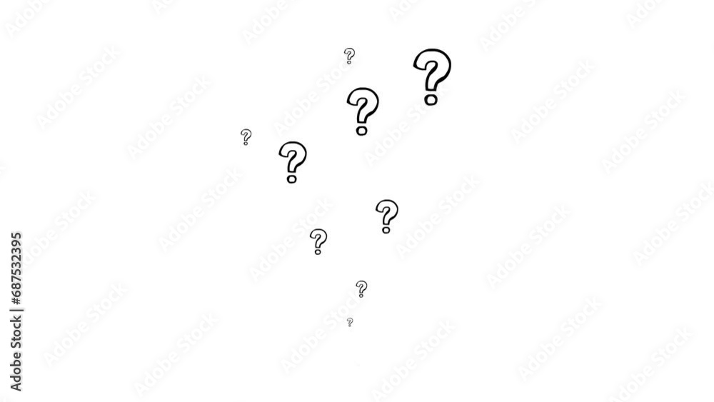 Animated black linear question marks fly from bottom to top. Hand drawn symbols are sprayed. Looped video. Flat vector illustration isolated on white background.