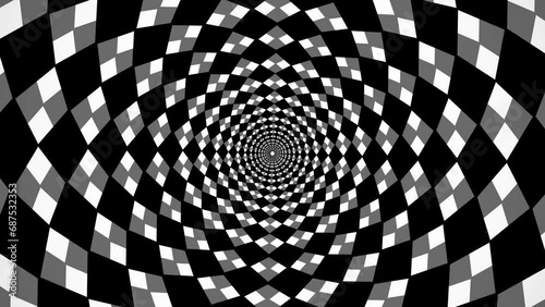 Circular tunnel rhomboidal chess black and white rotating, checker board 3d animation, optical illusion loop footage abstract background for vj, dj, template, meditation, intro and outro video. photo