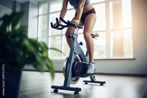 Cropped shot of fitness woman working out on exercise bike at the gym with window background. Female exercising on bicycle in health club. Close up focus on legs. photo