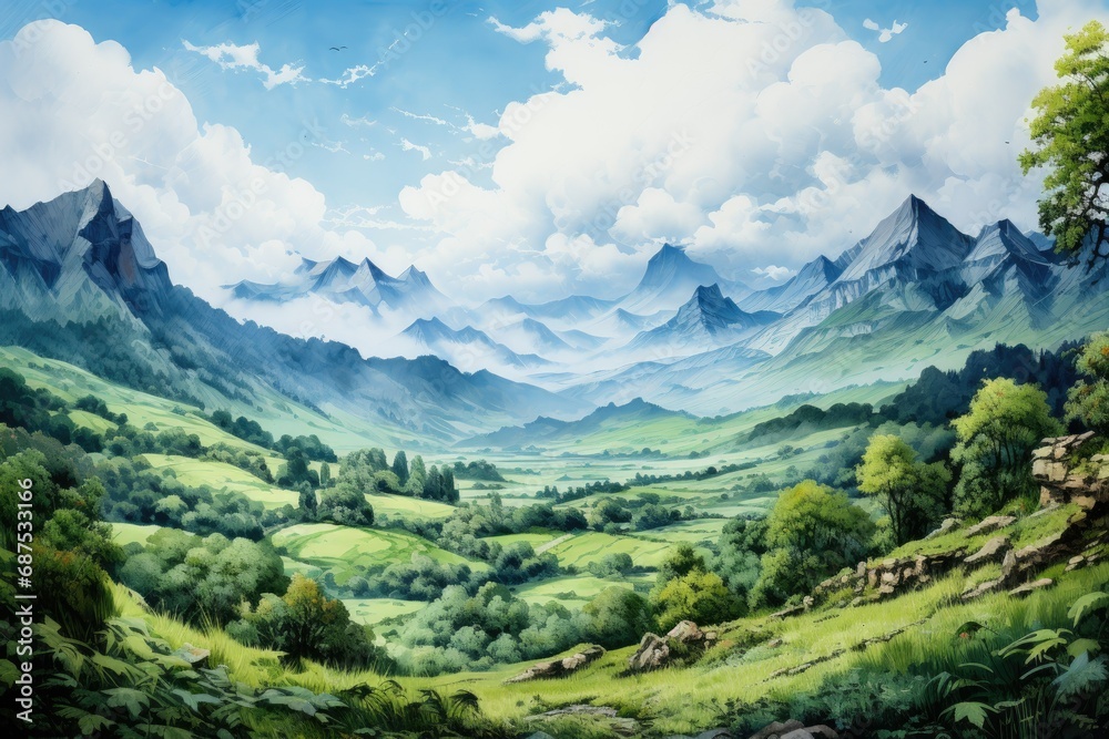 Lush Mountain Valley Watercolor