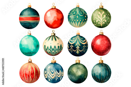 Watercolor Christmas tree decorations. Bright balls for decoration.