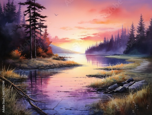 Serene Lake Sunrise Watercolor