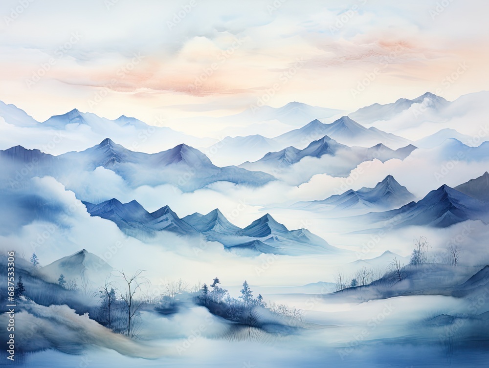 Misty Mountain Dawn Watercolor