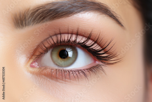 Close-Up Green Female Eye After Lash Lamination Procedure photo