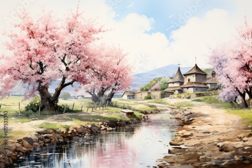 Spring Village Watercolor