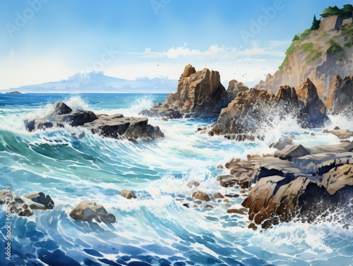 Rocky Coastal Shore Watercolor