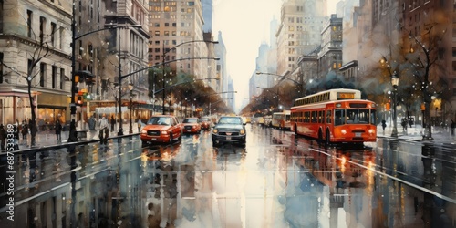 Rainy City Street Watercolor