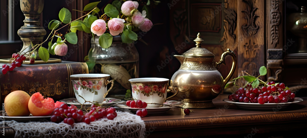 Old world fancy teatime with China cups and fruit still-life Old world fancy teatime with China cups and fruit still-life