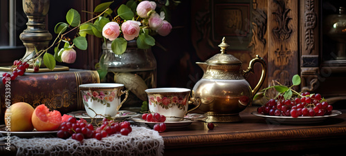 Old world fancy teatime with China cups and fruit still-life 