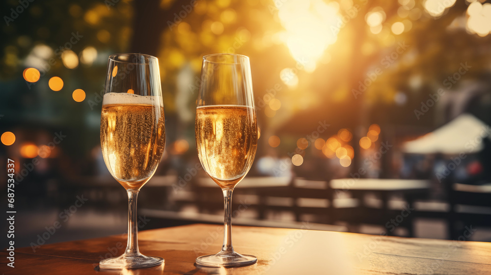 Two glasses of champagne on a wooden table in a street cafe in the rays of the sun on a golden foliage blurred background Two glasses of champagne on a wooden table in a street cafe in the rays of the sun on a golden foliage blurred background