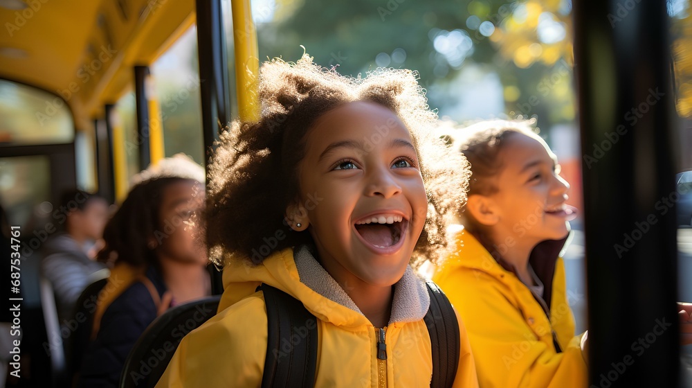 students entering a bright yellow school bus in the morning, capturing a moment of eagerness and excitement for the day ahead. generative AI