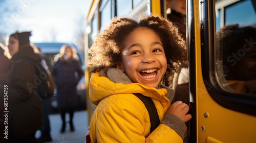 students entering a bright yellow school bus in the morning, capturing a moment of eagerness and excitement for the day ahead. generative AI © yj