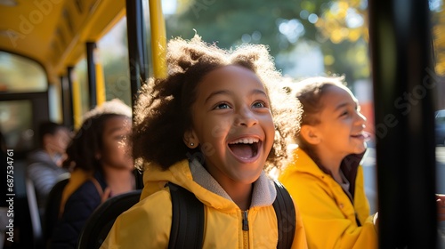 students entering a bright yellow school bus in the morning, capturing a moment of eagerness and excitement for the day ahead. generative AI photo