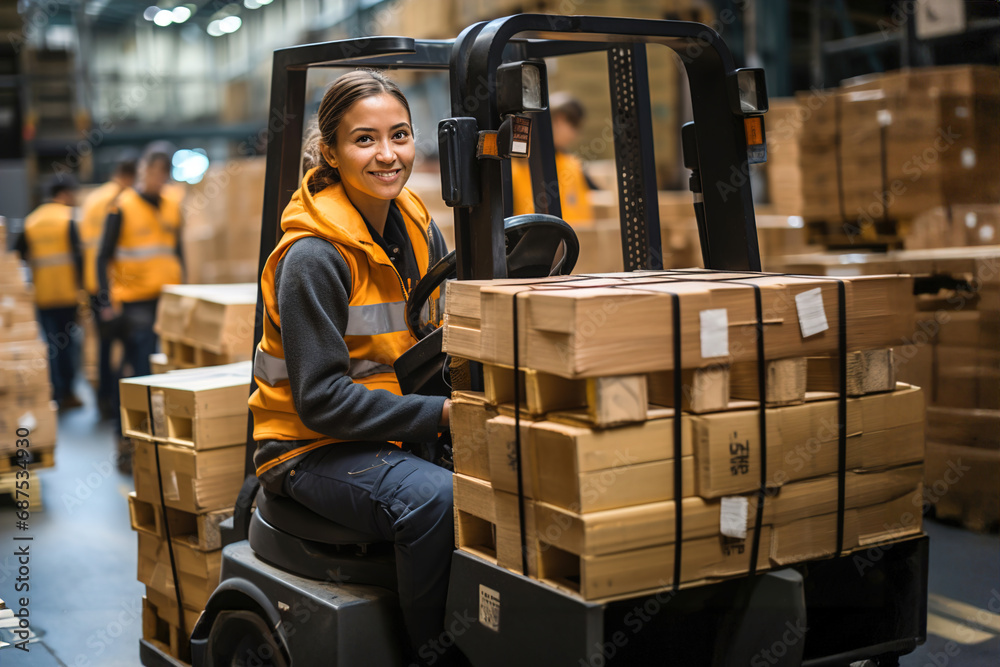 A woman moving pallet with a forklift in a warehouse. Female drive forklift in a big factory. - obrazy, fototapety, plakaty 