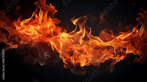 Burning Flame Isolated on Black Background: Intense Heat, Ember Glow, and Spark Ignition - Fiery Conceptual Design for Dynamic Abstract Art and Powerful Visual Impact.