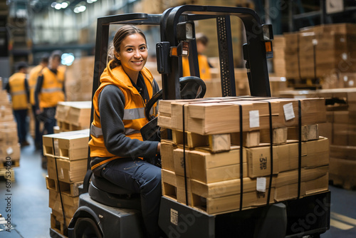 A woman moving pallet with a forklift in a warehouse. Female drive forklift in a big factory. photo