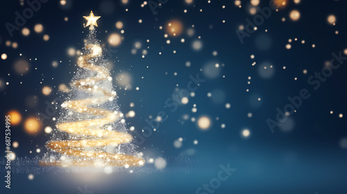 golden and silver lights with christmas tree on blue background,bright decoration for merry xmas greeting message.Elegant holiday season social post digital card.Copy type space for text or logo