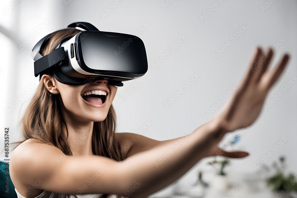 Happiness female in VR glasses interacting with cyberspace at living room Happiness female in VR glasses interacting with cyberspace at living room