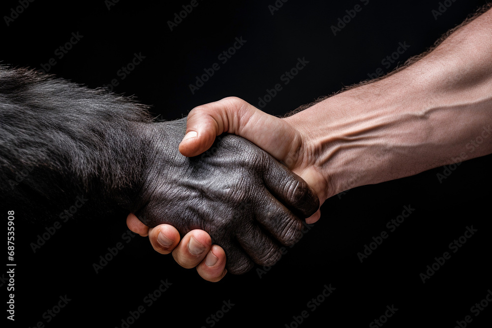 Fototapeta premium handshake of a human and an ape, concept for animal welfare and protection