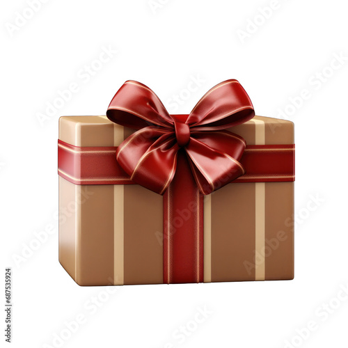 Brown Gift Box with Red Bow Isolated on Transparent or White Background, PNG © The
