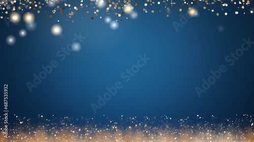 golden and silver xmas lights on blue background for merry christmas or season greetings message,bright decoration.Elegant holiday season social post digital card.Copy type space for text or logo 