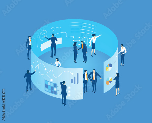 Business people working together in server room around super computers. Isometric illustration 