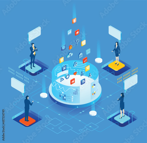 Business people working together in server room around super computers. Isometric illustration 