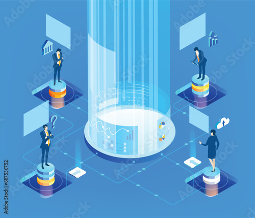 Business people working together in server room around super computers. Isometric illustration 
