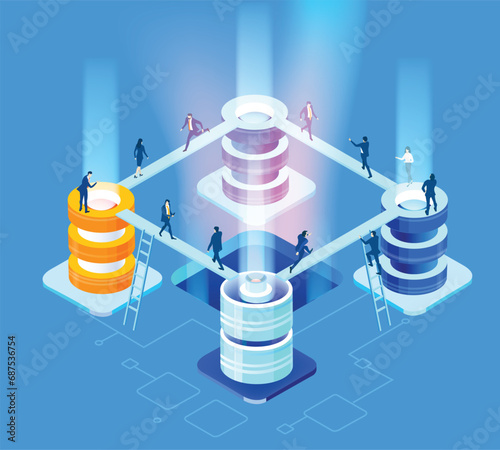 Business people working together in server room around super computers. Isometric illustration 