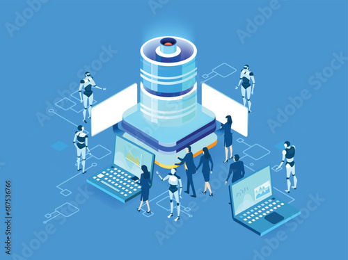 Business people working together in server room around super computers. Isometric illustration 