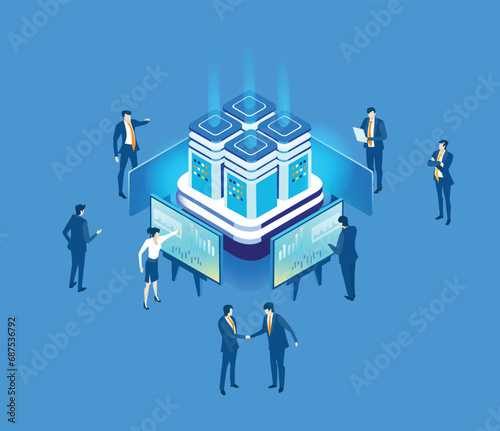 Business people working together in server room around super computers. Isometric illustration 