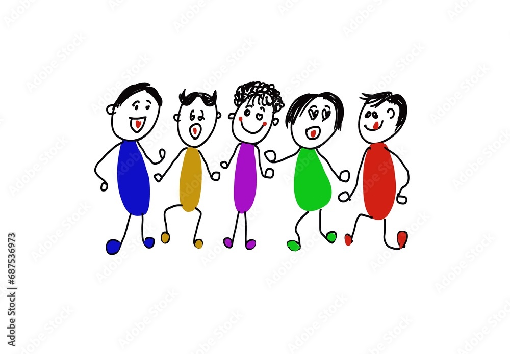 Hand drawn picture of colorful human cartoon characters are dancing. Concept, happy time with friends. Illustration for using as teaching aids or design for decoration. Love and friendships. Hand drawn picture of colorful human cartoon characters are dancing. Concept, happy time with friends. Illustration for using as teaching aids or design for decoration. Love and friendships.