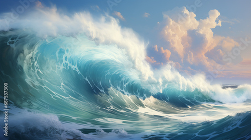 huge surffing wave in ocean, water dancing, melody of nature, cloudy sky, 4k, realistist beautiful composition, ai generated © bisma