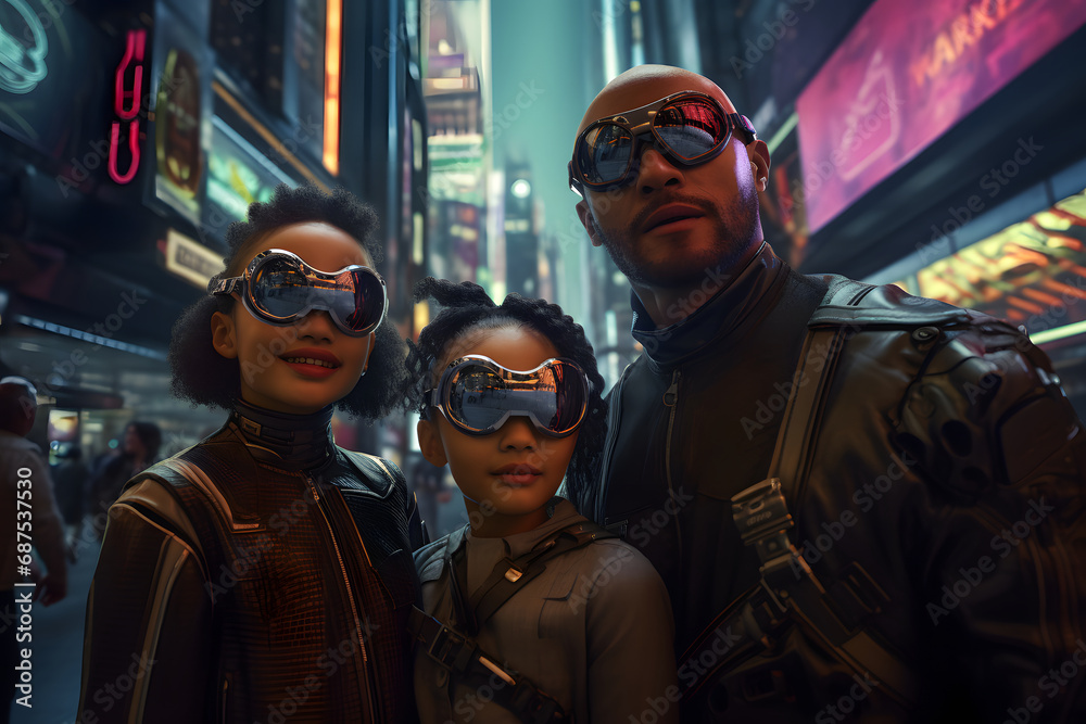 Cyberpunk futuristic family in front of a futuristic neon cityscape. Cyberpunk futuristic family in front of a futuristic neon cityscape.