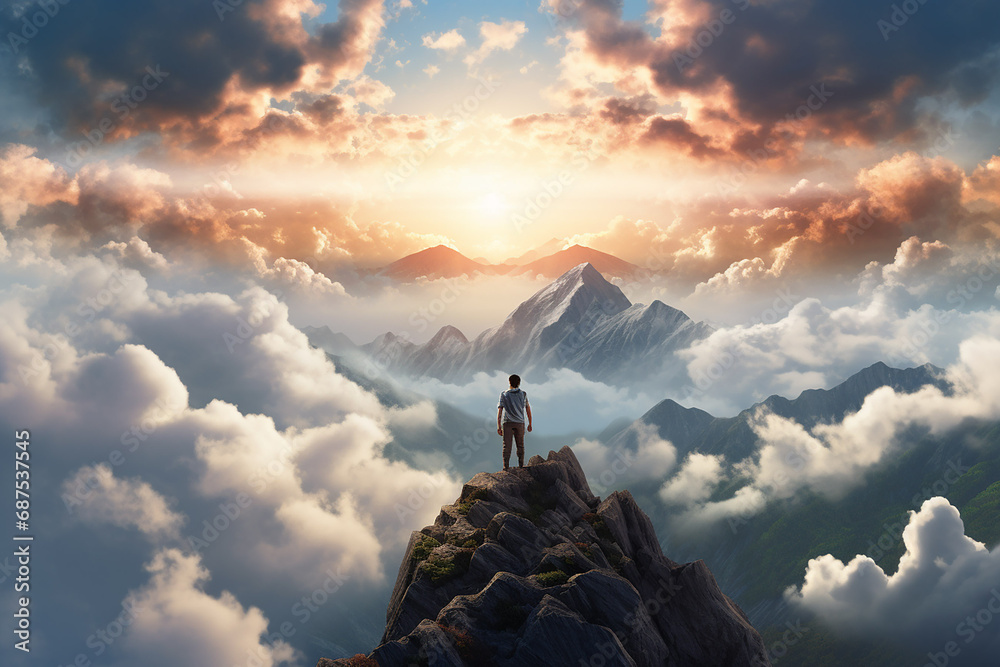 a motivational picture with a man standing on the highest mountain peak, symbolizing achieving life goals and leaving the comfort zone, generative AI - obrazy, fototapety, plakaty 