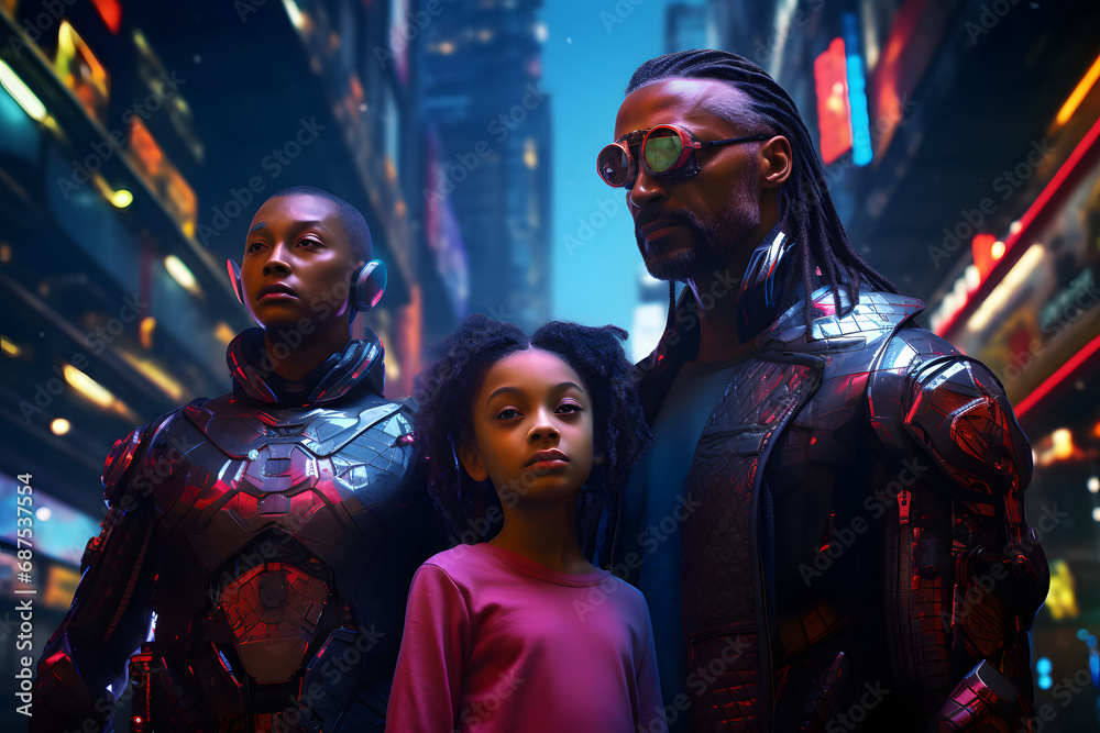 Cyberpunk futuristic family in front of a futuristic neon cityscape.