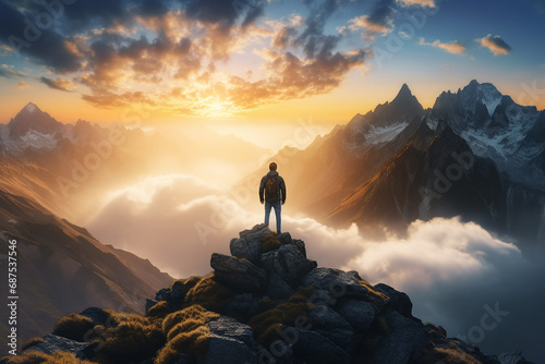 a motivational picture with a man standing on the highest mountain peak  symbolizing achieving life goals and leaving the comfort zone  generative AI