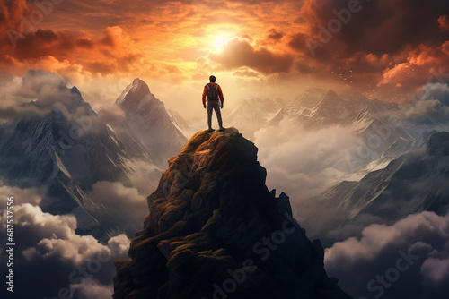 a motivational picture with a man standing on the highest mountain peak, symbolizing achieving life goals and leaving the comfort zone, generative AI