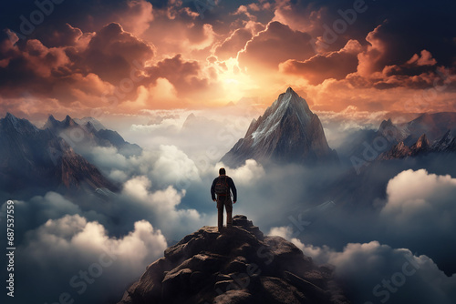 a motivational picture with a man standing on the highest mountain peak, symbolizing achieving life goals and leaving the comfort zone, generative AI © Paulina