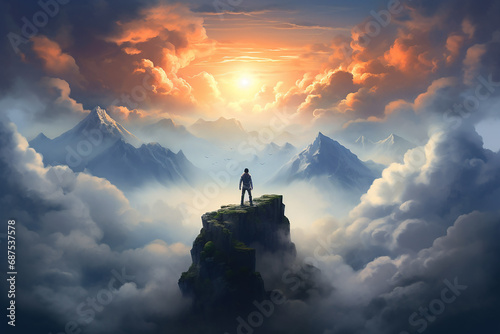 a motivational picture with a man standing on the highest mountain peak, symbolizing achieving life goals and leaving the comfort zone, generative AI photo