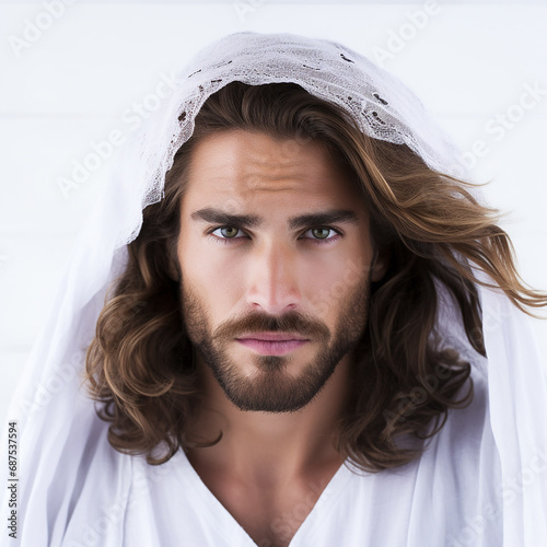 beautiful young handsome resurrected Jesus Christ in white robe, generative AI