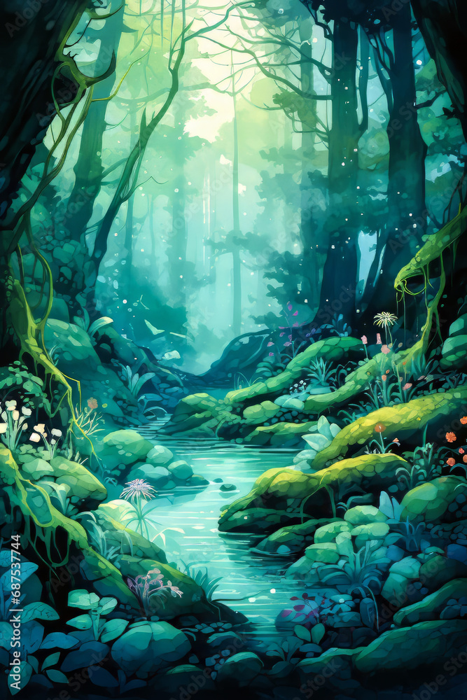 Cryptic Forest. Generated Image. A digital illustration of an enchanted