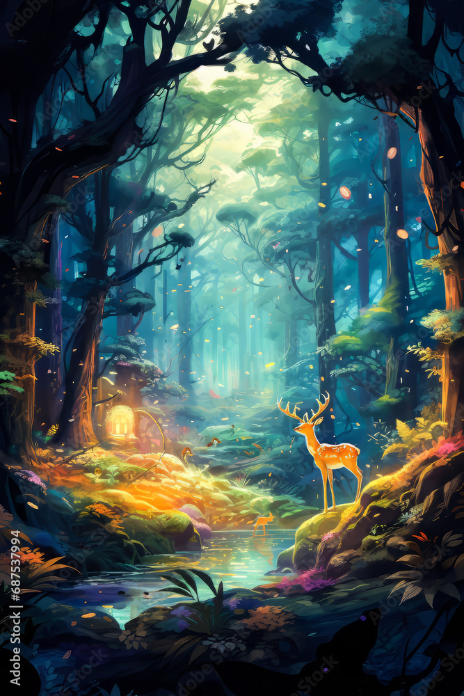 Cryptic Forest. Generated Image. A digital illustration of an enchanted
