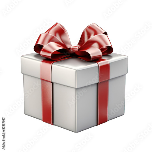 Silver Gift Box with Red Bow Isolated on Transparent or White Background, PNG