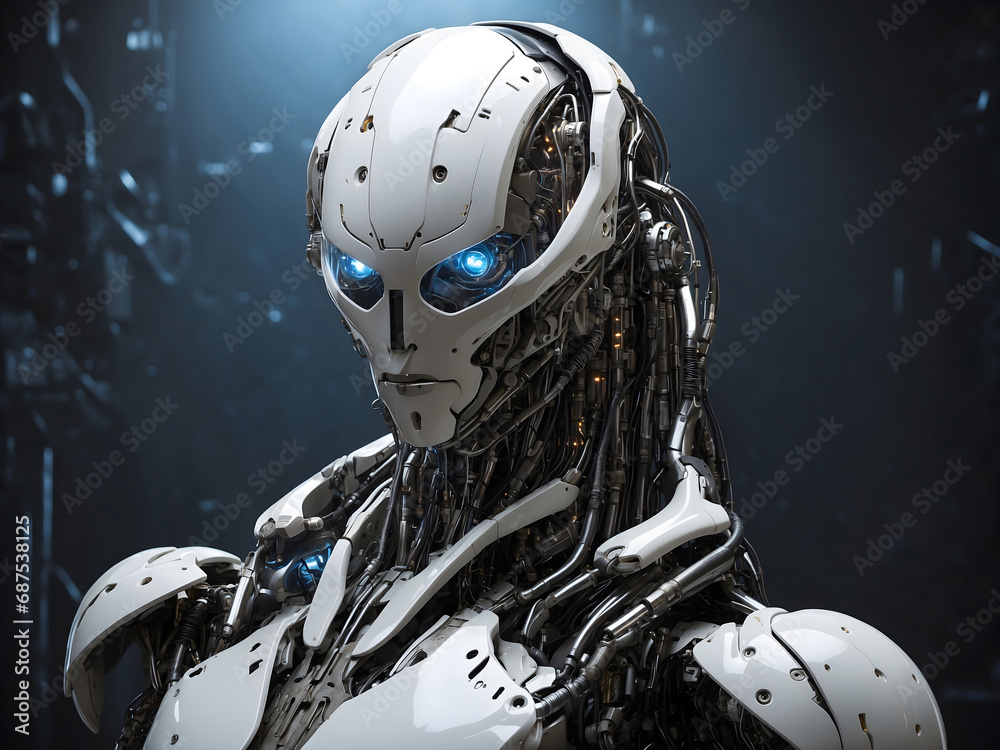 A Humanoid robot with illuminating blue eyed in lab A Humanoid robot with illuminating blue eyed in lab