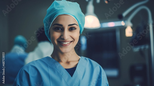 Smiling surgeon middle east woman in surgical operating room, talented doctor surgeon successfully performed complex surgery on patient, happy smiling middle east woman in medical coat and cap. Profes photo