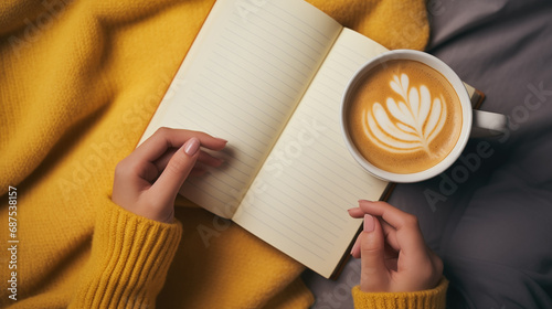 Coffee cup with  on the bed and blurred woman in yellow knitted sweater holding diary book while relaxed sitting, New Year 2024 celebrated, generative ai photo