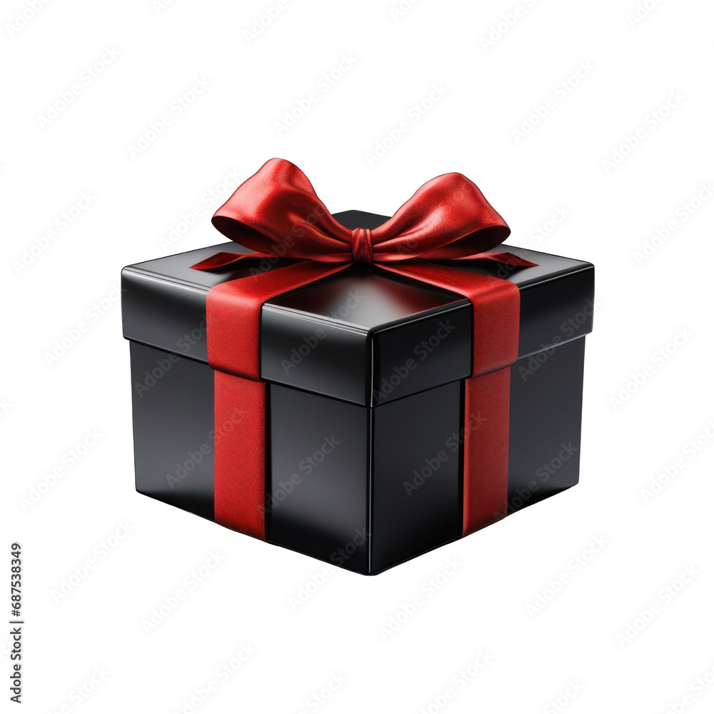 Black Gift Box with Red Bow Isolated on Transparent or White Background, PNG Black Gift Box with Red Bow Isolated on Transparent or White Background, PNG