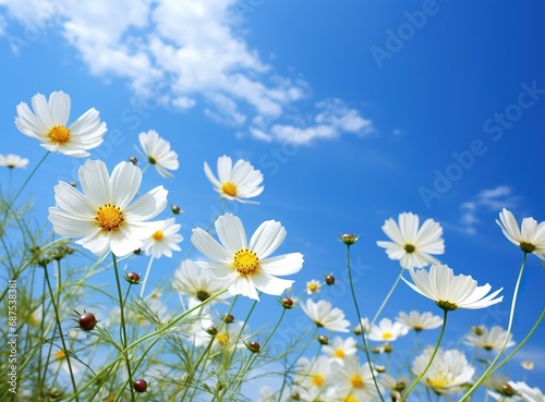 Cosmos flowers white color in meadow against blue sky with clouds, spring summer landscape of flower field background banner summer card of nature Generative AI © Iaroslav Lazunov