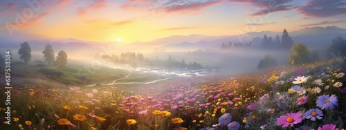 Panoramic landscape with many bright wildflowers against the backdrop of hills with trees in fog and sky with sunset, illustration Generative AI